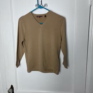 525 Y2K Camel Brown Cropped Fitted 3/4 Sleeve Cozy V-neck Fall Sweater Medium
